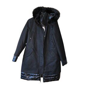 Lands End primaloft black wool blend coat faux fur hood size M